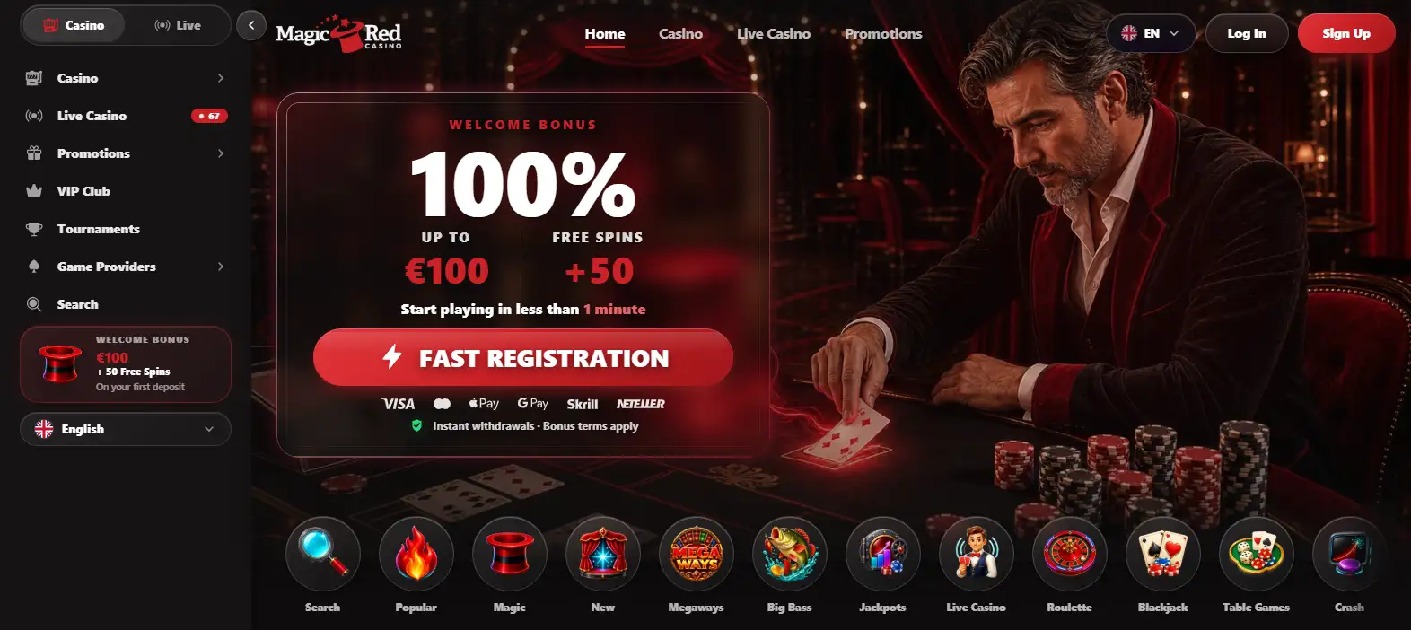 image of the current Magic Red Casino homepage at magicred.io