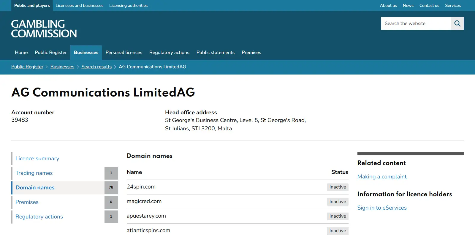 image of the UK Gambling Commission register entry for legacy magicred.com status