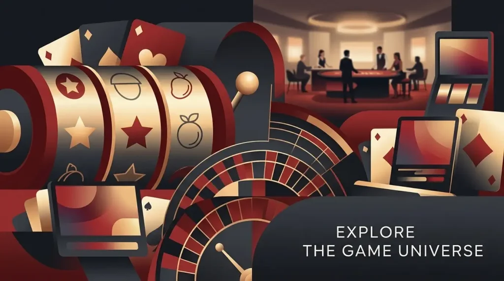 Editorial casino game-library collage with slot reels, playing cards and a live-dealer table atmosphere