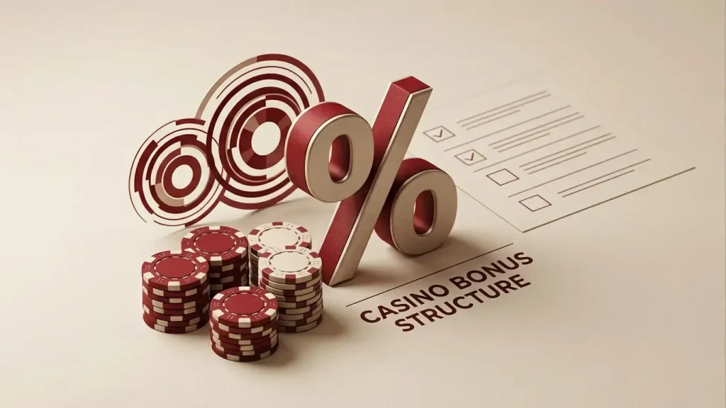 Editorial illustration of casino chips, a percentage symbol and free-spin motifs representing a welcome bonus
