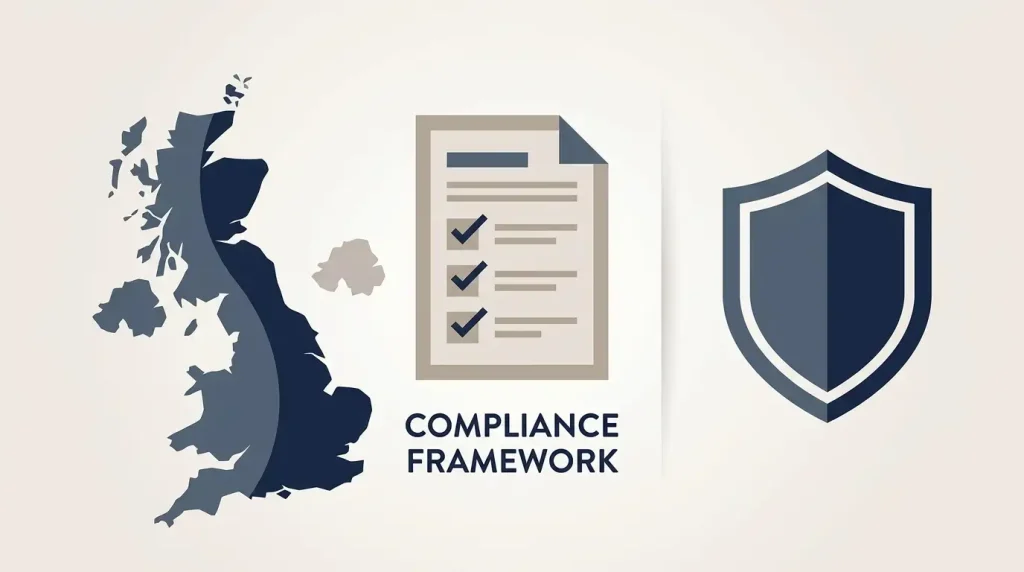 Editorial illustration of Great Britain gambling regulation using a map silhouette, compliance document and shield
