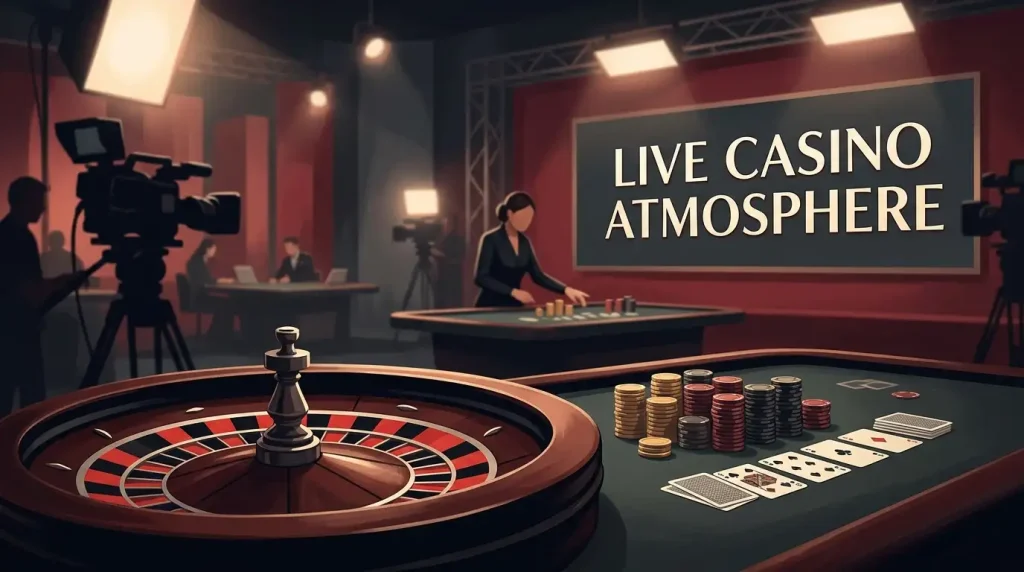Editorial live casino table scene with roulette wheel, cards and studio lighting