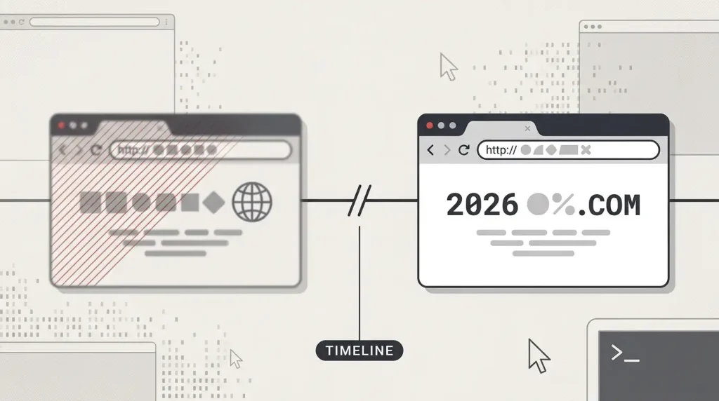 Editorial timeline illustration showing an older casino domain ending and a separate 2026 Magic Red relaunch beginning