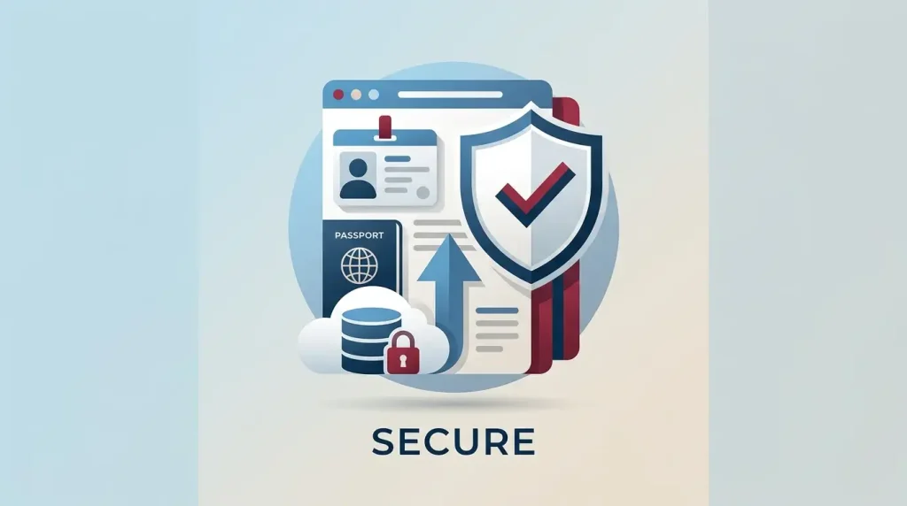 Generic identity verification concept with document silhouette, security shield and approval checkmark