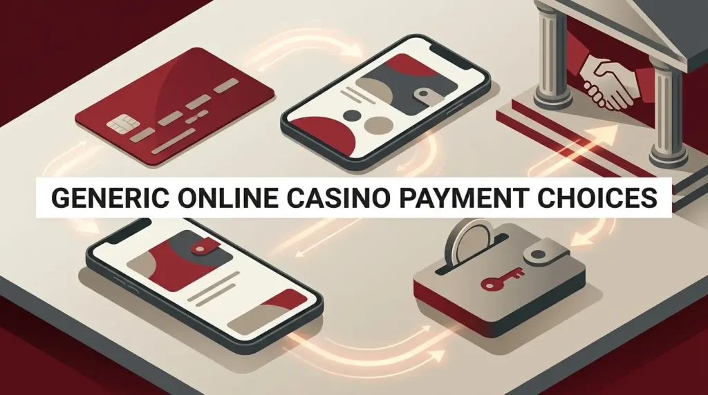 Generic online casino cashier concept with debit card, mobile wallet and e-wallet devices