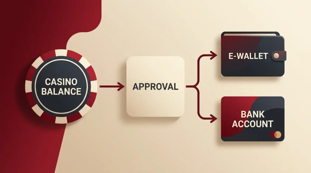 Generic withdrawal timeline from casino balance through approval to an e-wallet or bank account