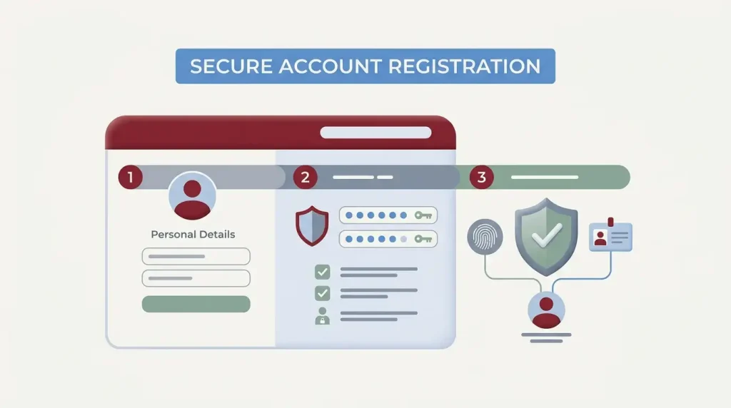 Illustration of a secure online account registration process with generic form fields and identity-check symbols